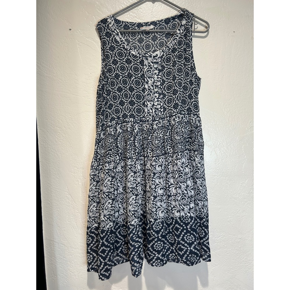 Dolma Womens XL Navy Blue White Mixed Block Print Tiered Sleeveless Mini Dress